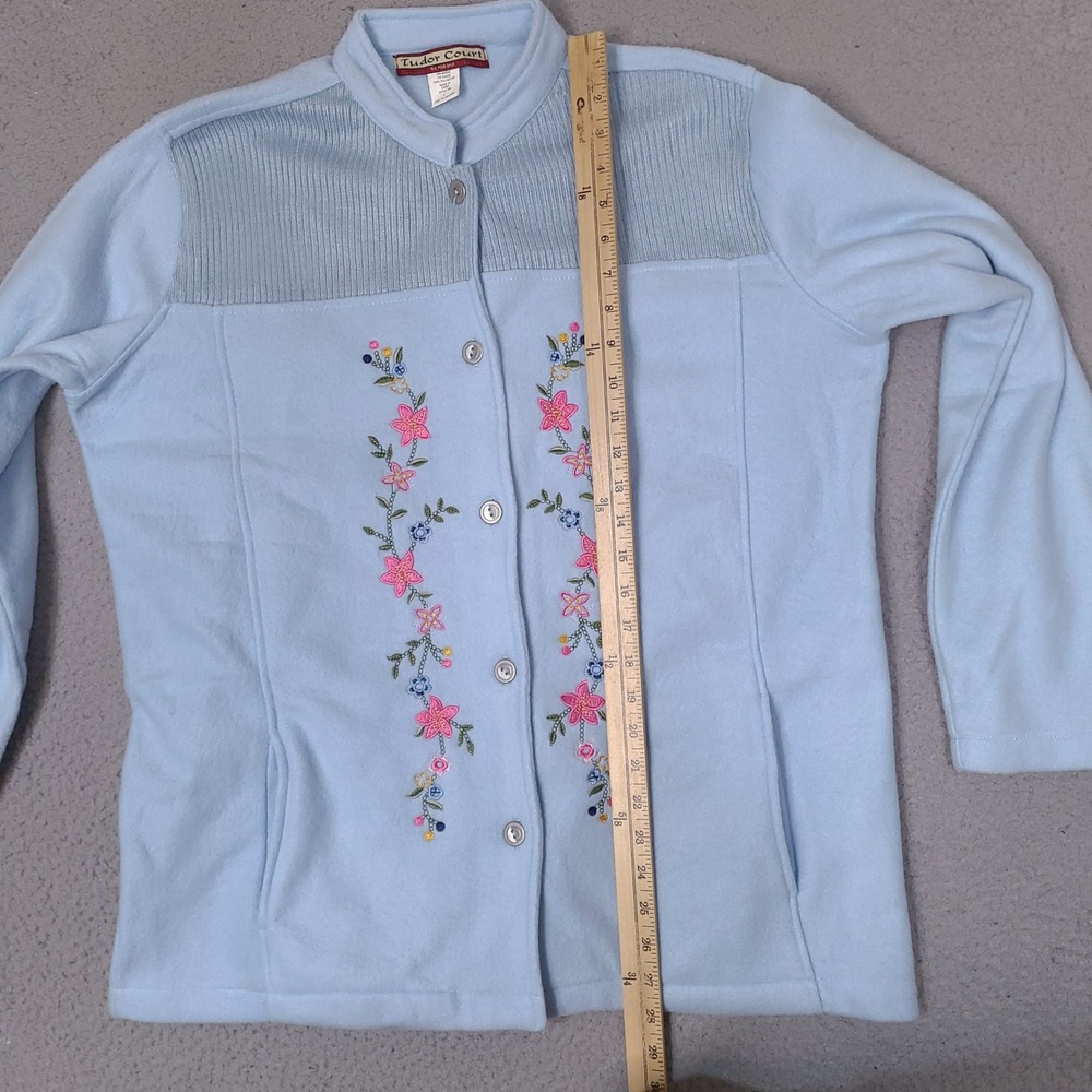Tudor Court Haband Womens Fleece Cardigan Large Blue‎ Floral Embroidered Button - Picture 6 of 13